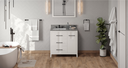 Katara 36'' White Vanity, left offset, Boulder Vanity Cultured Marble Vanity Top, undermount rectangle bowl VKITKAT36WHBOR