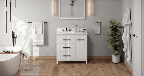 Katara 36'' White Vanity, left offset, Calacatta Vienna Quartz Vanity Top, undermount rectangle bowl VKITKAT36WHCQR