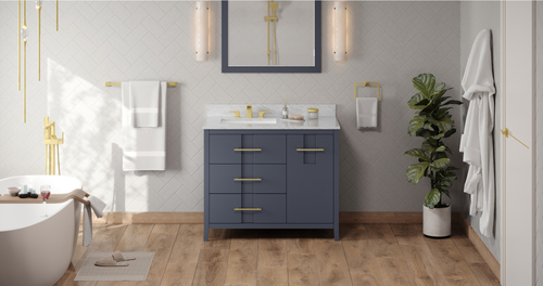 Katara 42'' Blue Steel Vanity, left offset, White Carrara Marble Vanity Top, undermount rectangle bowl VKITKAT42BSWCR