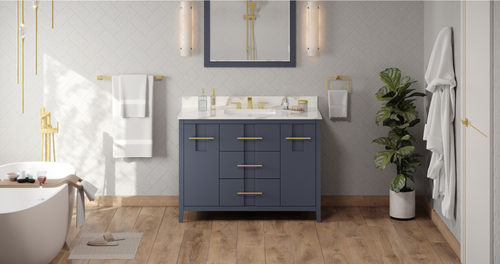Katara 48'' Blue Steel Vanity, Calacatta Vienna Quartz Vanity Top, undermount rectangle bowl VKITKAT48BSCQR