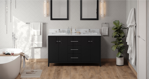 Katara 60'' Black Vanity, double bowl, White Carrara Marble Vanity Top, two undermount rectangle bowls VKITKAT60BKWCR