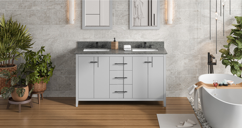Katara 60'' Grey Vanity, double bowl, Boulder Cultured Marble Vanity Top, two undermount rectangle bowls VKITKAT60GRBOR
