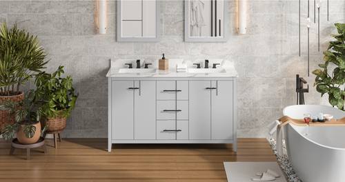 Katara 60'' Grey Vanity, double bowl, Calacatta Vienna Quartz Vanity Top, two undermount rectangle bowls VKITKAT60GRCQR