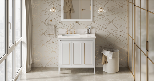 Percival 36'' White Vanity, left offset, Calacatta Vienna Quartz Vanity Top, undermount rectangle bowl VKITPER36WHCQR