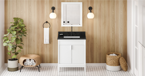 Theodora 30'' White Vanity, Black Granite Vanity Top, undermount rectangle bowl VKITTHE30WHBGR