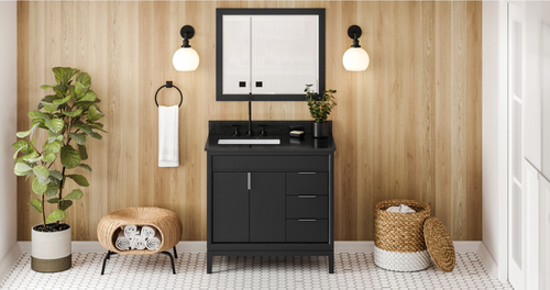 Theodora 36'' Black Vanity, left offset, Black Granite Vanity Top, undermount rectangle bowl VKITTHE36BKBGR