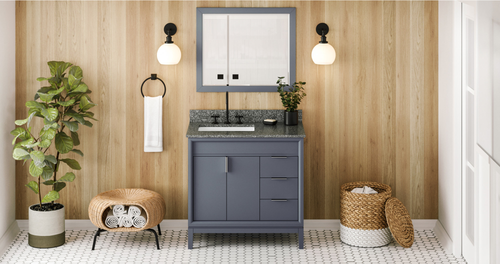 Theodora 36'' Blue Steel Vanity, left offset, Boulder Vanity Cultured Marble Vanity Top, undermount rectangle bowl VKITTHE36BSBOR