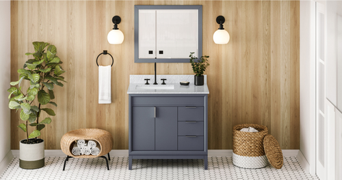 Theodora 36'' Blue Steel Vanity, left offset, White Carrara Marble Vanity Top, undermount rectangle bowl VKITTHE36BSWCR