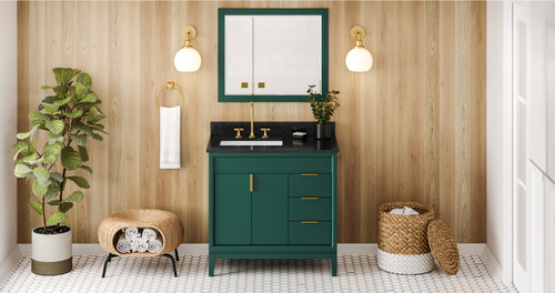 Theodora 36'' Forest Green Vanity, left offset, Black Granite Vanity Top, undermount rectangle bowl VKITTHE36GNBGR