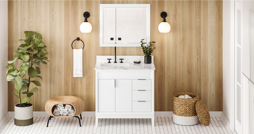Theodora 36'' White Vanity, left offset, Calacatta Vienna Quartz Vanity Top, undermount rectangle bowl VKITTHE36WHCQR