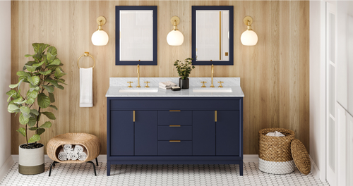 Theodora 60'' Hale Blue Vanity, double bowl, White Carrara Marble Vanity Top, two undermount rectangle bowls VKITTHE60BLWCR