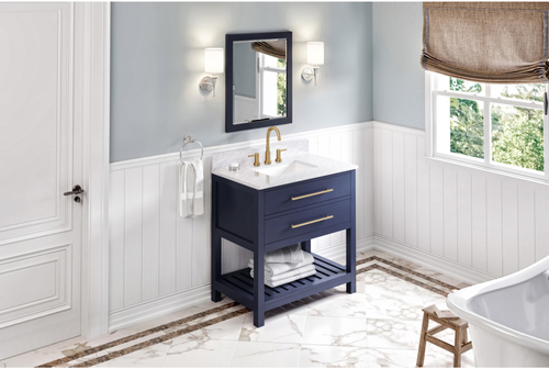 Wavecrest 36'' Hale Blue Vanity, White Carrara Marble Vanity Top, undermount rectangle bowl VKITWAV36BLWCR