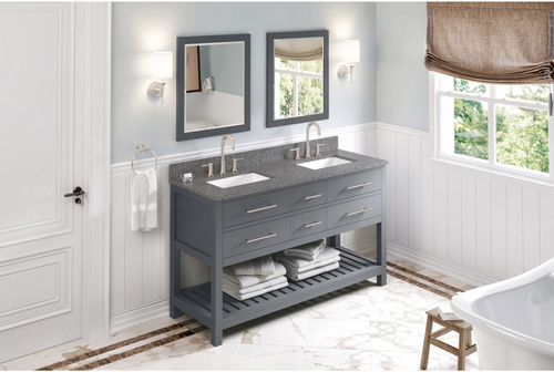 Wavecrest 60'' Grey Vanity, double bowl, Boulder Cultured Marble Vanity Top, two undermount rectangle bowls VKITWAV60GRBOR