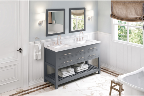 Wavecrest 60'' Grey Vanity, double bowl, White Carrara Marble Vanity Top, two undermount rectangle bowls VKITWAV60GRWCR