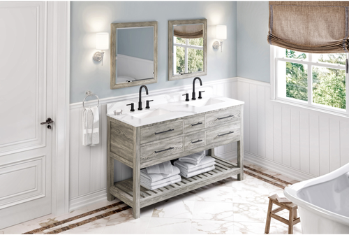 Wavecrest 60'' Weathered Grey Vanity, double bowl, Calacatta Vienna Quartz Vanity Top, two undermount rectangle bowls VKITWAV60WGCQR