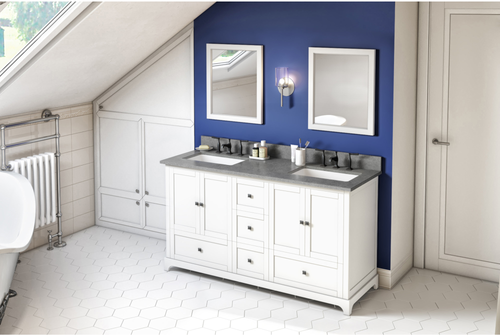 Addington 60'' White Vanity, double bowl, Steel Grey Cultured Marble Vanity Top, two undermount rectangle bowls VKITADD60WHSGR