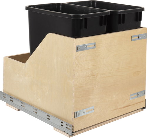 Double 35 Quart Wood Bottom-Mount Soft-close Trashcan Rollout for Door Mounting, Includes Two Black Cans and Door Joining Bracket CDM-WBMD3521B