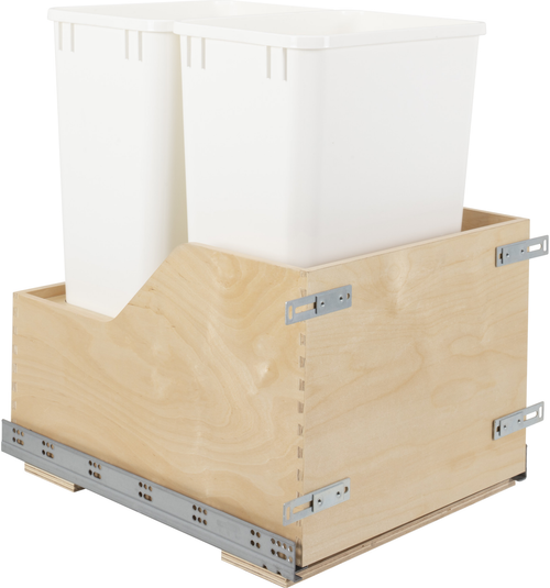 Double 50 Quart Wood Bottom-Mount Soft-close Trashcan Rollout for Door Mounting, Includes Two White Cans CDM-WBMD5018WH