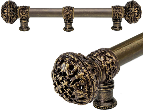 Juliane Grace 6'' cc with 5/8'' smooth center long pull & center brace large finial in Antique Brass. 5605-3