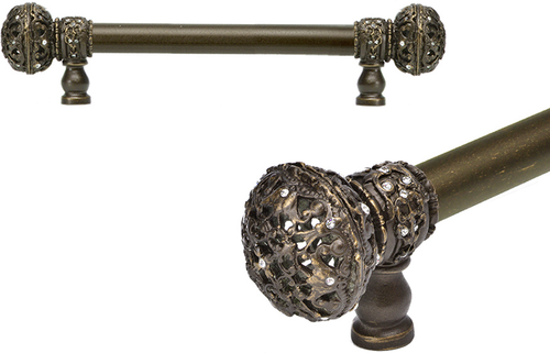 Juliane Grace 6'' cc with 5/8'' smooth center long pull large finial with Clear Swarovski crystals in Antique Brass. 5690-3C