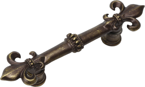 Charlemagne 3'' cc pull with large Fleur De Lys in Antique Brass. 598-3