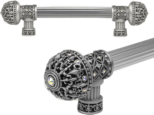 Versailles 7646R-11AB Satin Fleur De Lys 6'' cc long pull large finial w/ Swarovski Crystals w/ 5/8'' reeded center 7646R-11AB