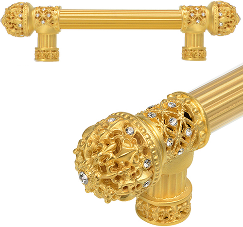 Versailles 7653R-8C Gilded Mercury Fleur De Lys 6'' cc long pull small finial w/ Swarovski Crystals w/ 5/8'' reeded center 7653R-8C