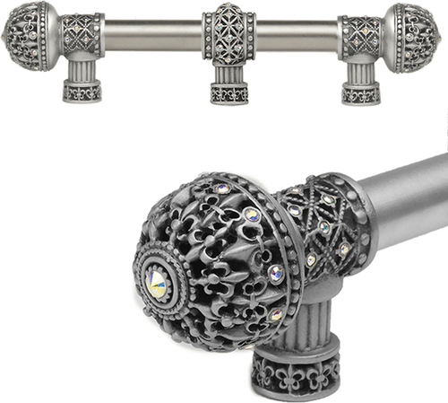 Versailles 7660-11AB Satin Fleur De Lys 6'' cc long pull large finial w/ Swarovski Crystals w/ 5/8'' smooth center w/ center brace 7660-11AB