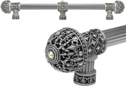 Versailles 7663R-11AB Satin Fleur De Lys 18'' cc long pull large finial w/ Swarovski Crystals w/ 5/8'' reeded center w/ center brace 7663R-11AB