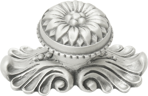 Acanthus large knob with flared foot Rosette style with medium backplate in Satin. 830842-11