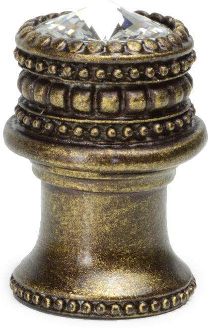 Cache Caché medium round knob with flared foot with an 16mm Swarovski Clear Crystal in Antique Brass. 863B-3C