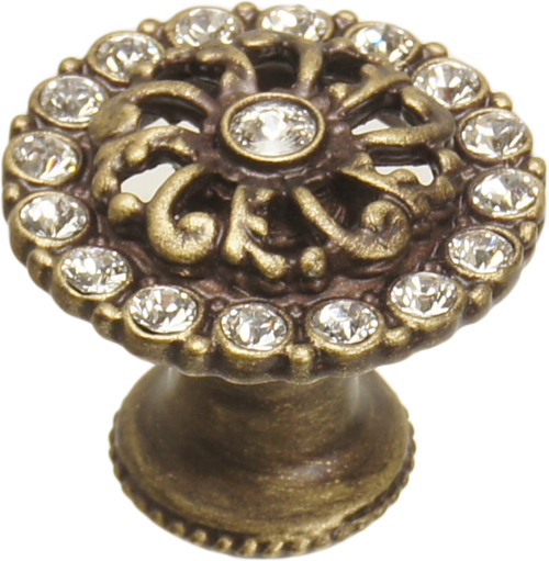 Cache Caché medium round knob with flared foot with Swarovski Clear Crystals in Antique Brass. 873-3C