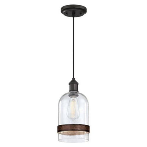 Tarrant Series, Mini Pendant, Black-Bronze Finish, Clear Seeded Glass with Barnwood Band