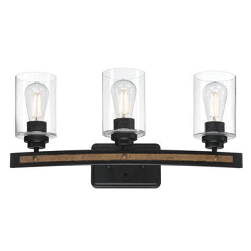 Broomall, 3-Light Wall Fixture, Matte Black Finish with Barnwood Accents, Clear Seeded Glass