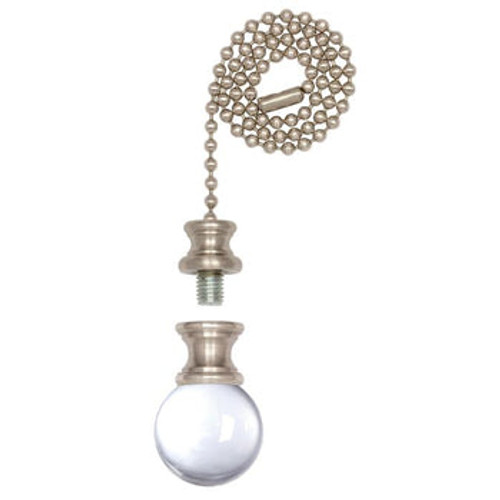 Clear Glass Sphere Finial/Pull Chain, Brushed Nickel Finish, 2 x 1-1/8 in. (H x D), 12 in. Beaded Chain