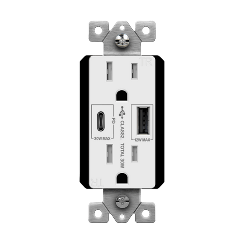 USB Wall Charger, Type A/C, 30W Power Delivery, Tamper-Resistant Receptacle, Interchangeable Face Covers