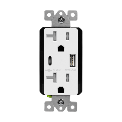 Dual USB Charger Receptacle, Type-A and Type-C, 20A Tamper-Resistant