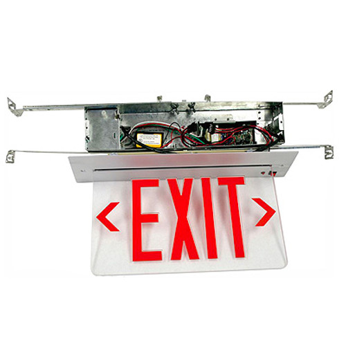 Recessed Aluminum LED Edgelit Exit Sign, Green, Single Face, Clear Panel, White Trim Plate, Battery Backup, Self Diagnostics