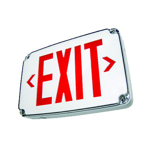 Wet Location LED Exit Sign, Double Face, Red/Green, White Housing, Battery Backup, Cold Weather