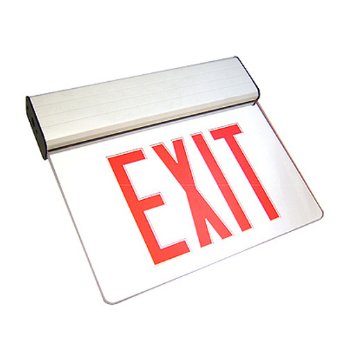 Aluminum LED Edgelit Exit Sign, Double Face, Red Letters, Mirror Panel, Aluminum Housing, Battery Backup