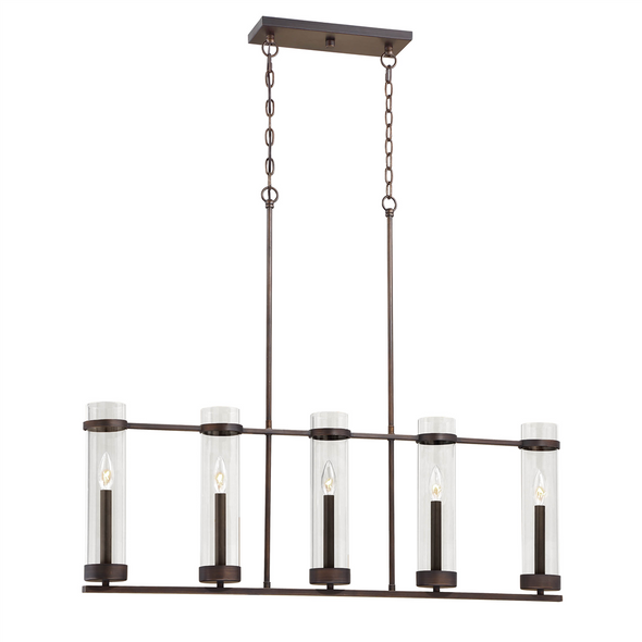 Milan 1975 Five Light Island Chandelier, Rubbed Bronze, 5-Light, 120V, E12 Candelabra Base, Clear Glass