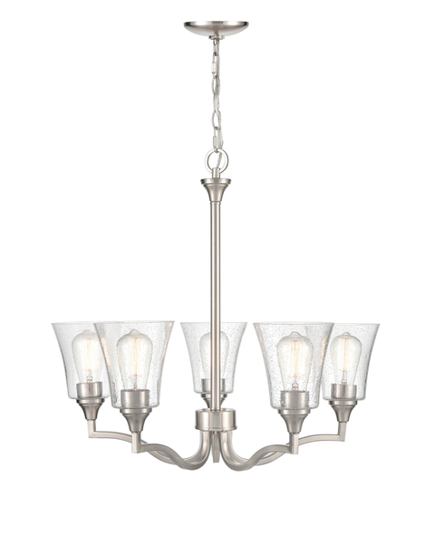 Caily 5-Light Chandelier, Brushed Nickel, 120V, (5) 60W, Medium E26 Base, Clear Seeded Glass, Dry Location