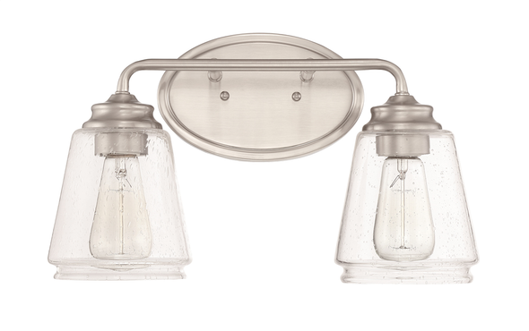 Great Bridge Two Light Vanity, 2-Light, Brushed Nickel, Clear Seeded Glass, 120V