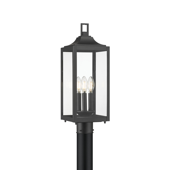 Halston Three Light Outdoor Post Light, Powder Coated Black, 3-Candle, E12 Candelabra Base, 120V