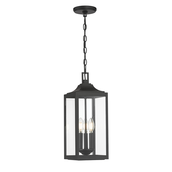 Halston Three Light Outdoor Pendant, Powder Coated Black, Clear Glass, 3-Light, 120V