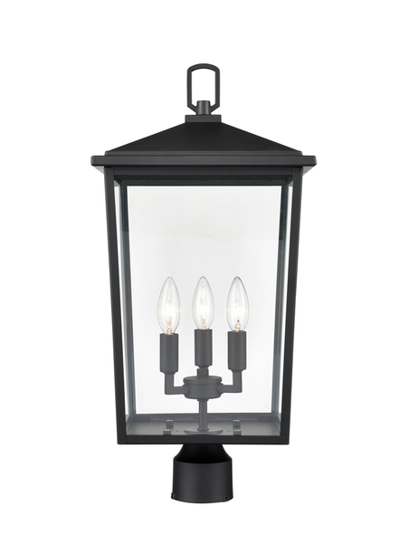 Fetterton Three Light Outdoor Post Lantern, Powder Coated Black, 3-Candle, E12 Candelabra Base, 120V