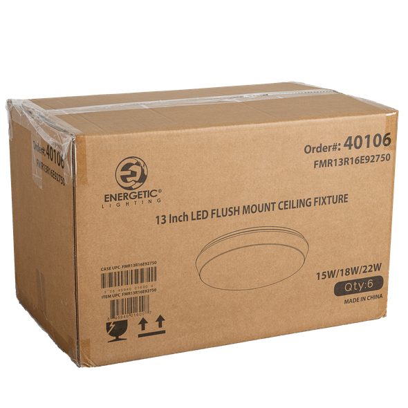 Energetic Lighting FMR Series LED Round Flush Mount, 13", 15W/18W/22W, 1000/1260/1540lm, 120V, 2700K/3000K/3500K/4000K/5000K, 90 CRI, Triac Dimming, White Finish