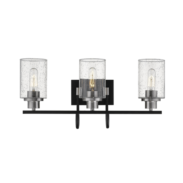 Clifton Three Light Vanity, 3-Light, Matte Black/Brushed Nickel, Clear Seeded Glass, Medium (E26) Base, 120V