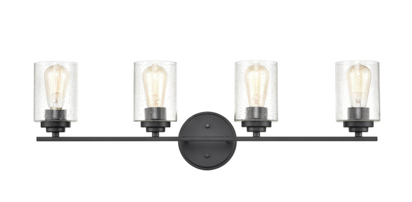Millennium Lighting 3684 Four Light Vanity, Matte Black, 4-Light, Medium (E26) Base, 120V, Clear Seeded Glass