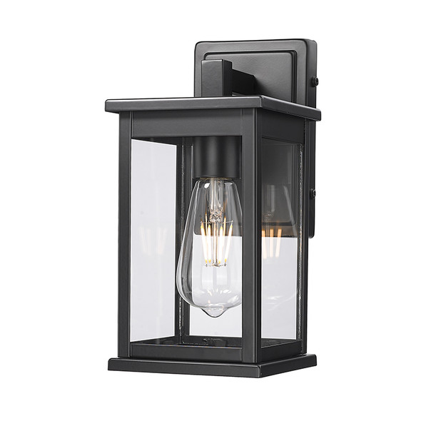Bowton II One Light Outdoor Wall Sconce, 1-Light, Medium E26 Base, 100W, 120V, Powder Coated Black, Clear Glass